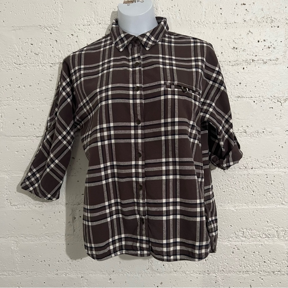 5/$25 Forever 21 Womens Juniors Top S Brown Plaid Short Tab Sleeve Flannel